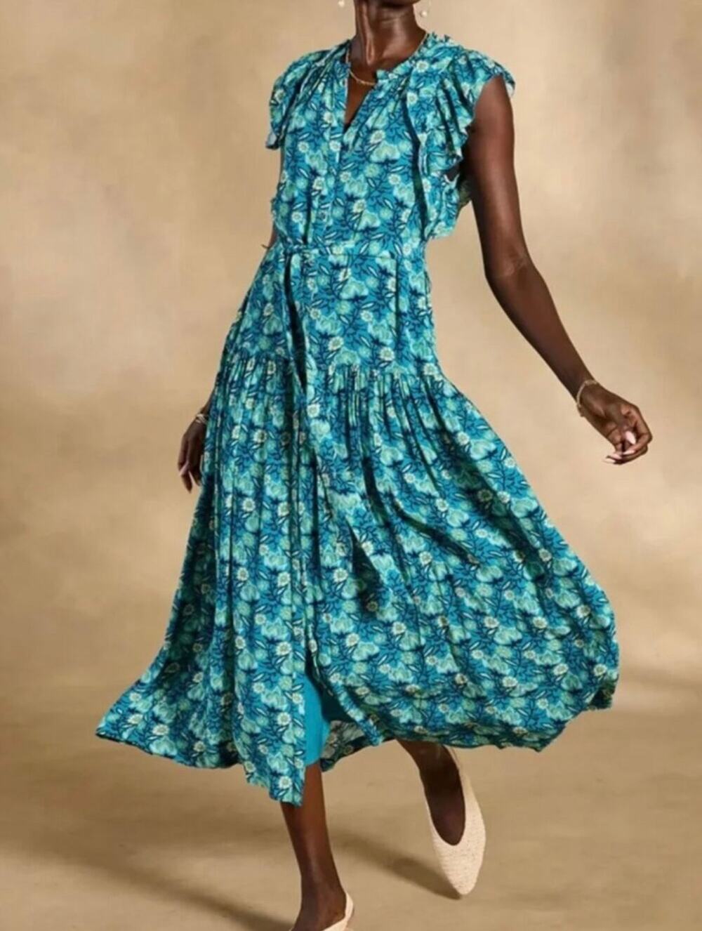 Sundance Tierra Floral Button Down Midi Dress Women's Blue Size Petite Large PL